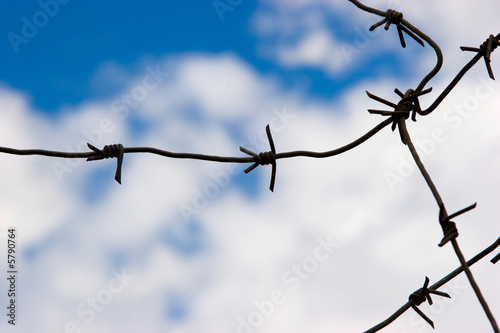 Barbed wire on the blue sky background