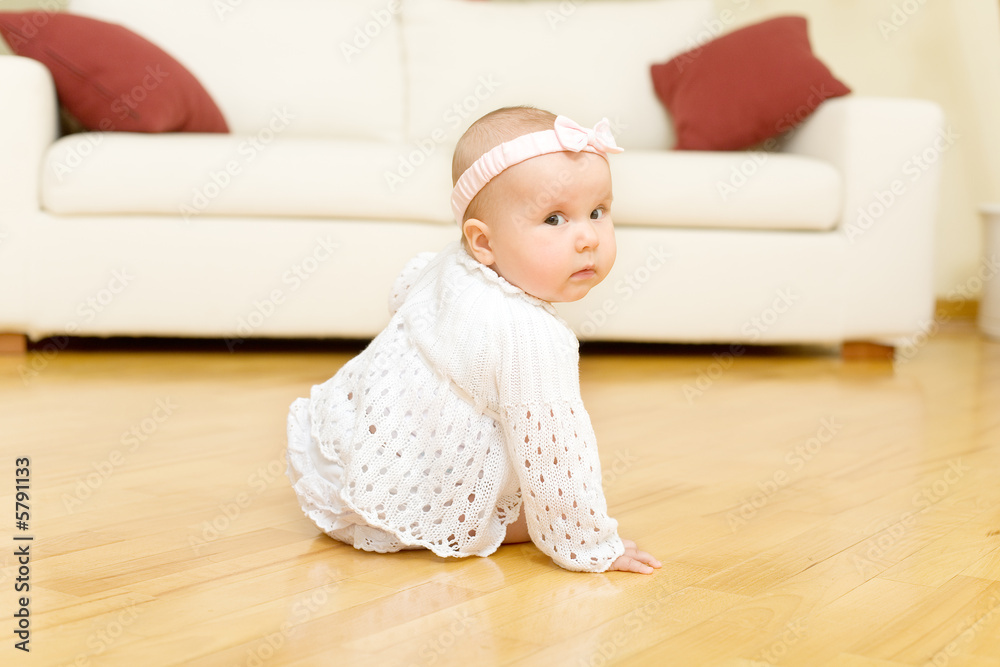 Eight month old baby girl seated on a hardwood floor Eight month old baby girl seated on a hardwood floor