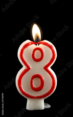 Burning number eight candle with dripping wax.