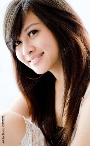 A cute young Asian teenager in white dress on white background