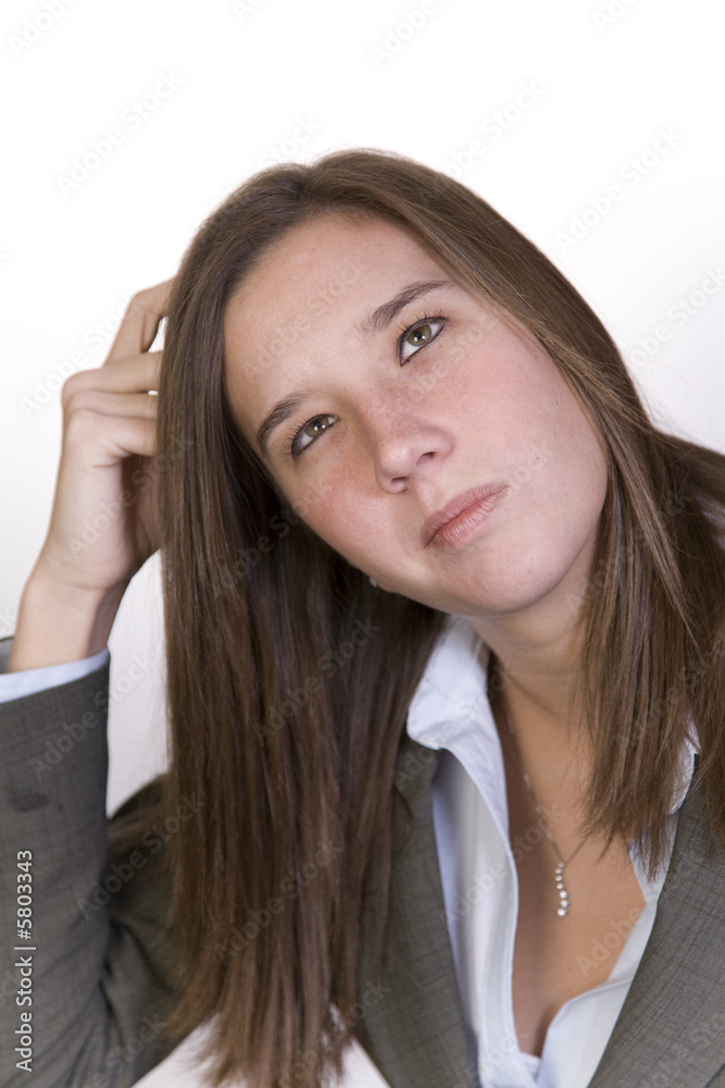Businesswoman considers the options in a confusing decision Businesswoman considers the options in a confusing decision