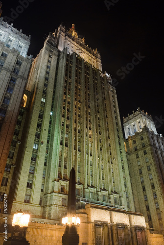 One of the Moscow high-rise buildings at night