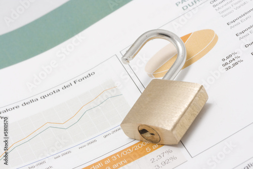 Stock market graph, portfolio and open padlock