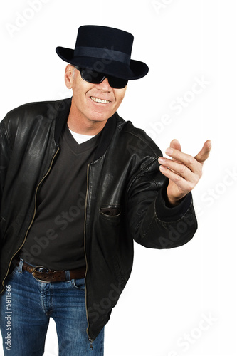 Senior citizen with leather jacket and fancy hat gangster style © poco_bw