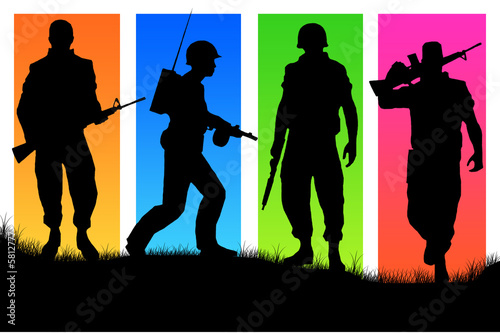  Four soldiers on varicoloured back background.