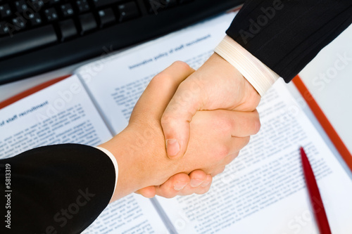 Картината върху платно View of handshake over contract with pen in the background