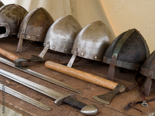 Medieval weapon laying on a table