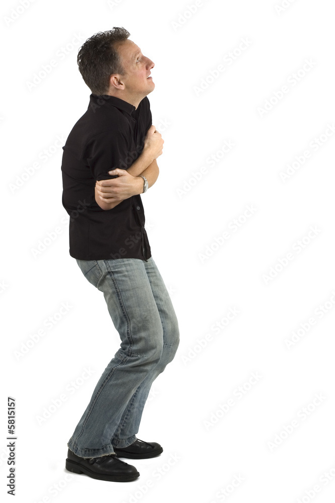 This man looks up frightened, he doesn't like it there.