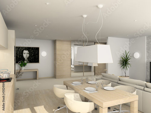 Kitchen with the modern furniture. 3D render.