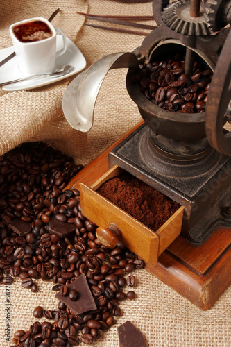 Gringer with coffee beans and a cup of expresso