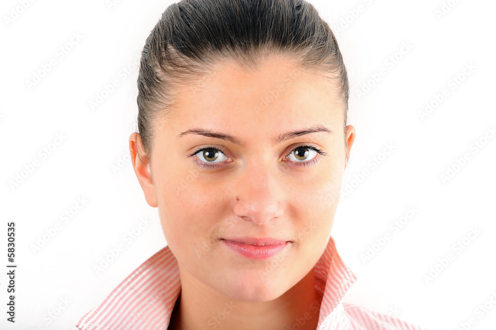 the portrait of nice young woman in rose shirt the portrait of nice young woman in rose shirt