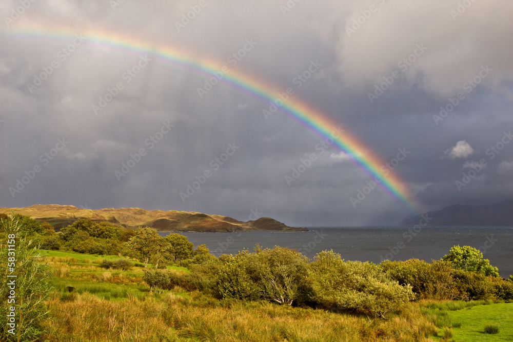 Rainbow above the lake with dramatic sky, Isle of Skye, Scotland Rainbow above the lake with dramatic sky, Isle of Skye, Scotland