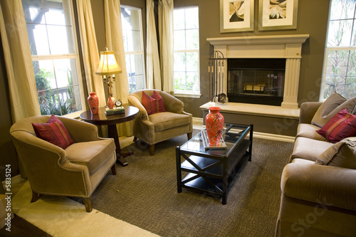 Living room with a fireplace and stylish decor.