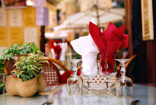 Outdoor restaurant patio on the street of Sarlat, France