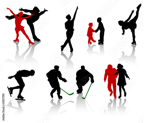 Silhouettes of people on a skating rink. 