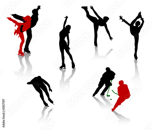 Silhouettes of people on a skating rink. 