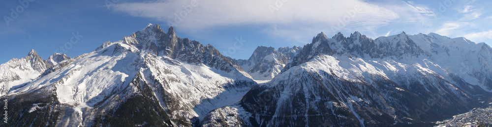 panorama massif Mont Blanc vu de la Flégère en hiver