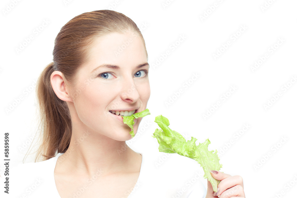 young cheerful woman with lettuce leaf, over white young cheerful woman with lettuce leaf, over white