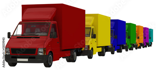 Photos A convoy of multi-coloured delivery vehicles.