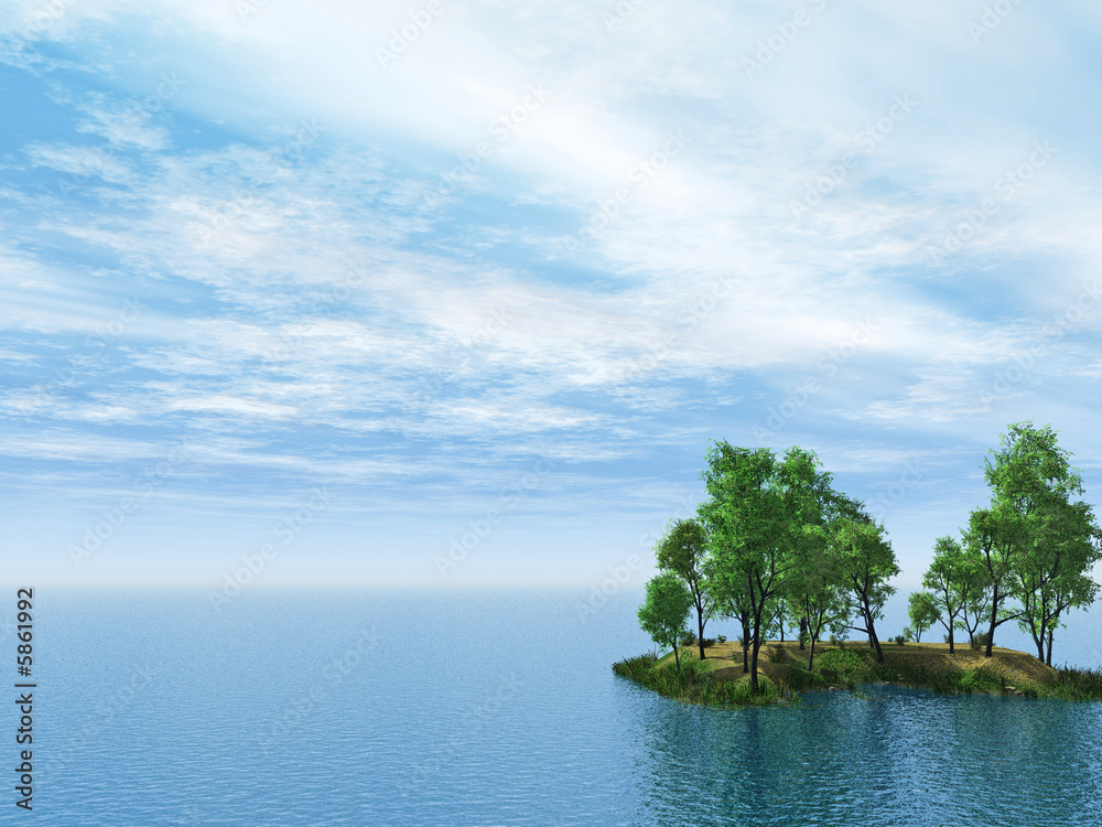 Birch trees on small lake island - 3d illustration