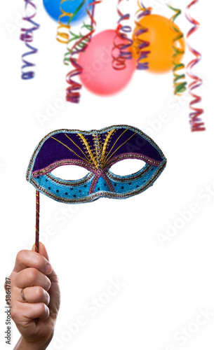 party frame ,hand with mask confetti and balloons isolated 