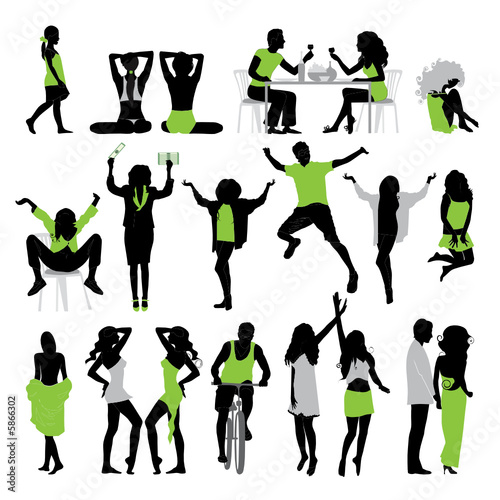 Silhouettes of people: business; family; sport; fashion; love