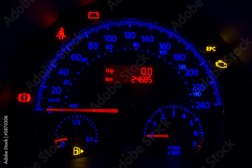 odometer of european car in red and blue