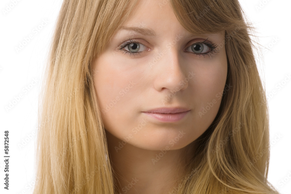 closeup portrait of blond young gray-eyed woman over white closeup portrait of blond young gray-eyed woman over white