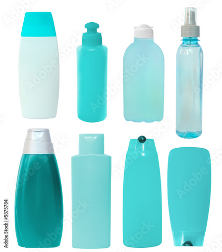 set of blue cosmetic bottles without labels isolated 
