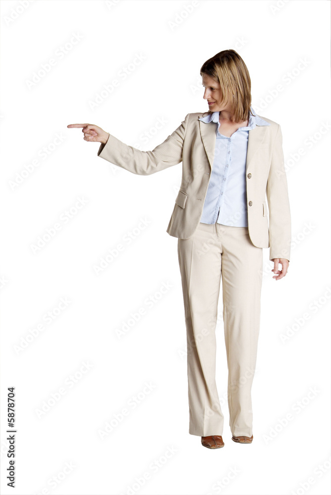 a young business woman with white suit shows a young business woman with white suit shows