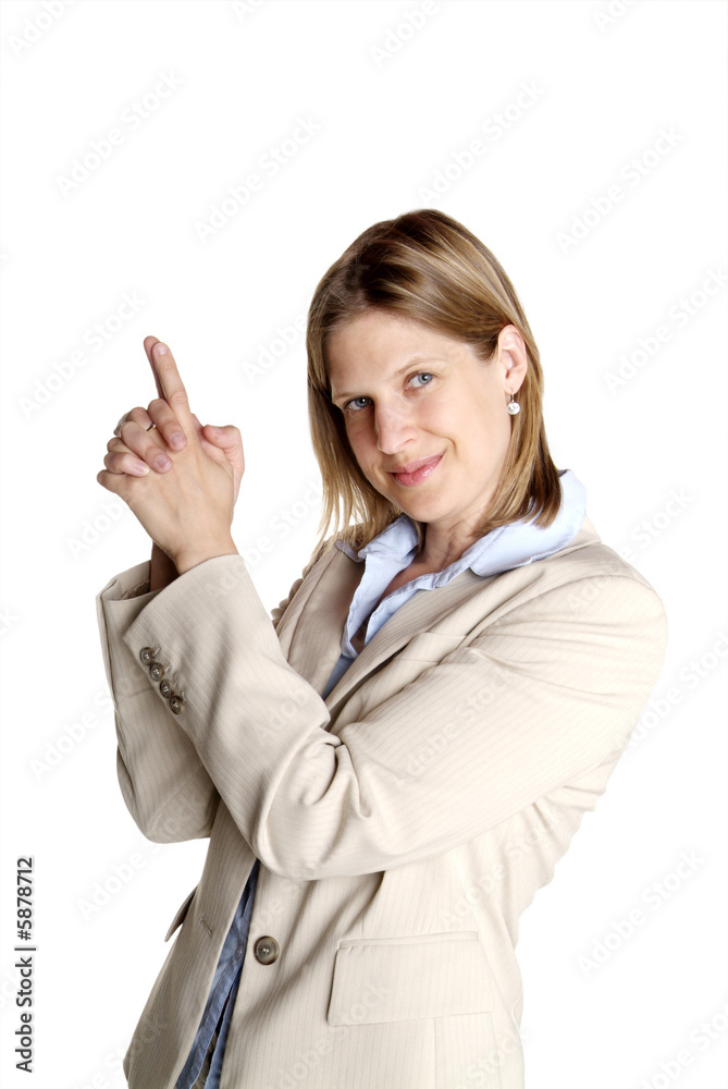 a young business woman with white suit shows a young business woman with white suit shows