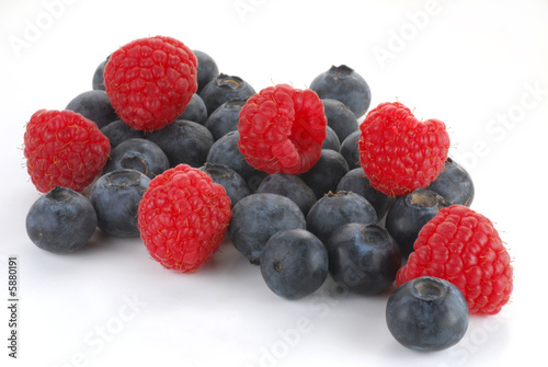 Close-up image of raspberry and blueberry