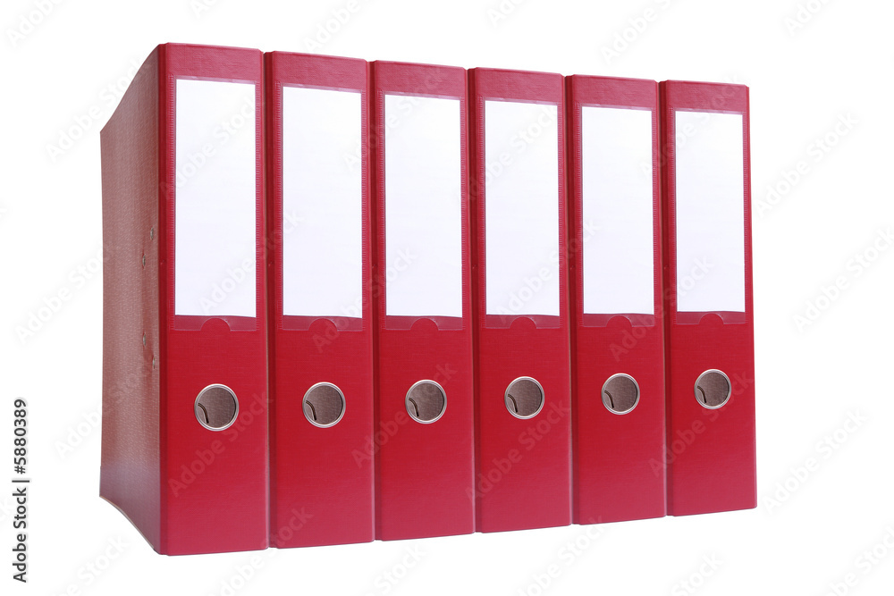 Row of six red ring binders over white background Row of six red ring binders over white background