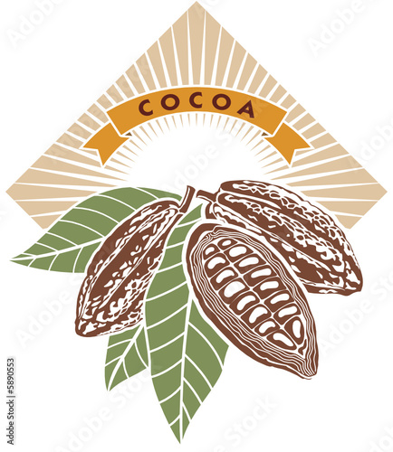 Label with cocoa beans and green leaves.