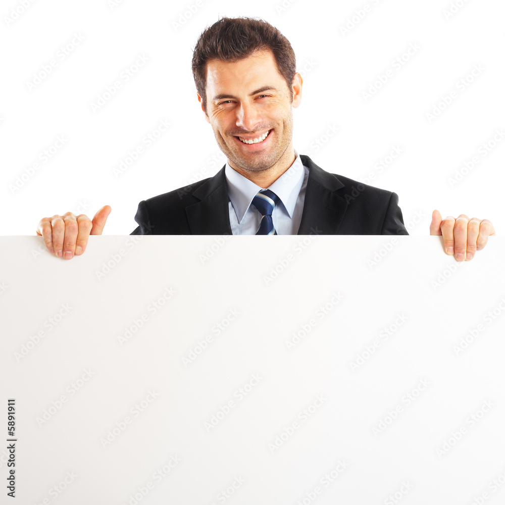 Handsome Businessman isolated on white with blank paper sign Handsome Businessman isolated on white with blank paper sign