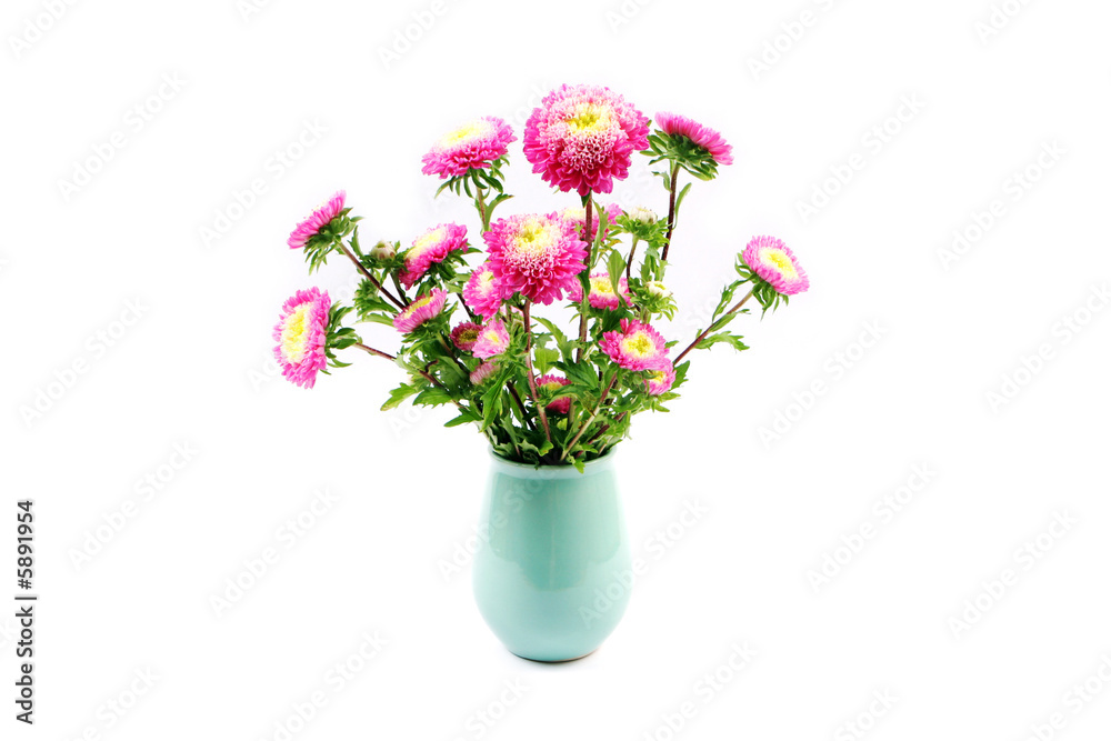 Vase of pink and yellow flowers isolated on white. Vase of pink and yellow flowers isolated on white.