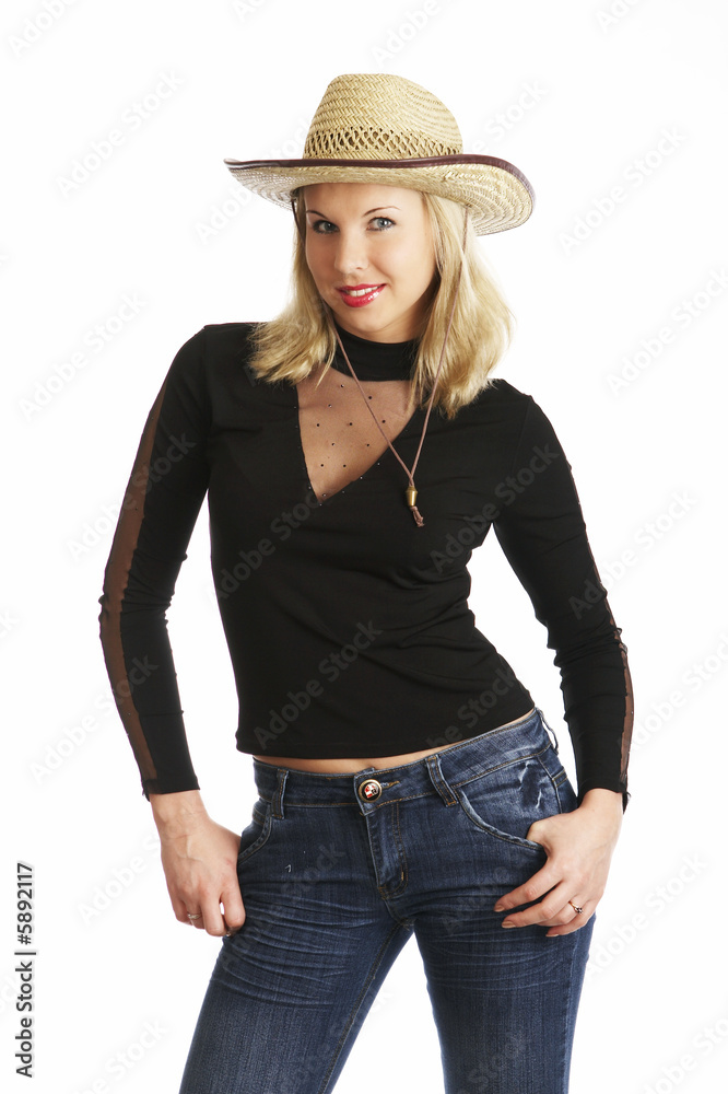 Sexy woman in a straw hat isolated on white