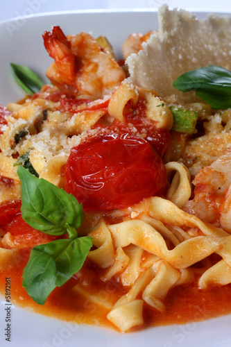Italian food pasta with tomato and prawn