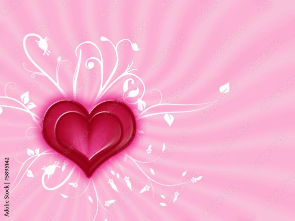 red heart and white flowers over pink background with rays.
