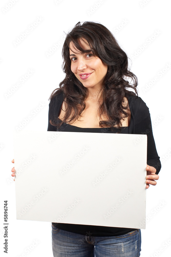 Casual young woman holding the blank banner on white background Casual young woman holding the blank banner on white background