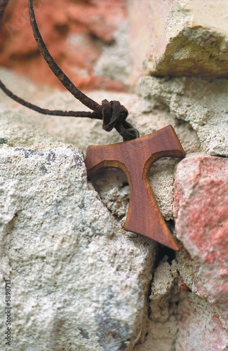 Canvas Print Tau, franciscan crucifix on leather strap