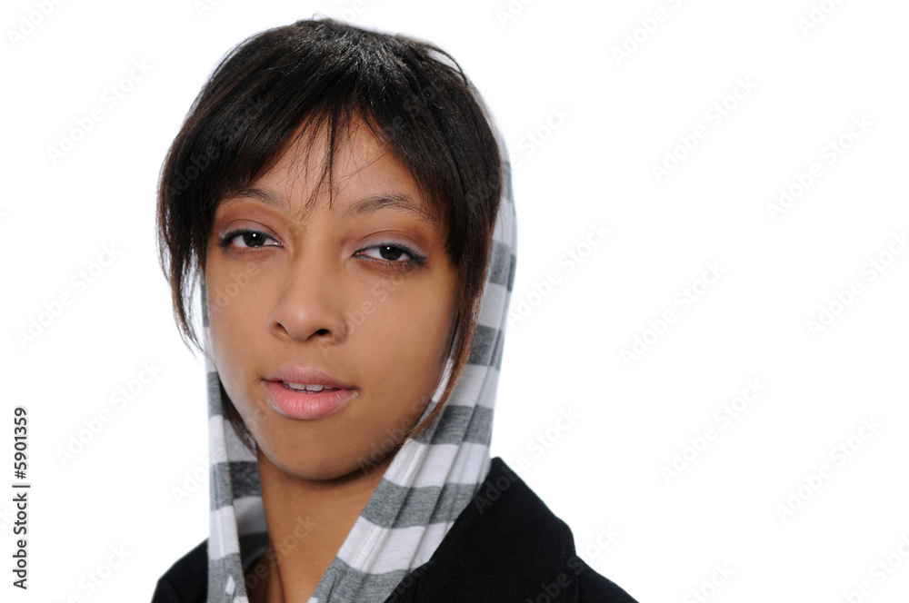 Portrait of young African American woman with hood Portrait of young African American woman with hood