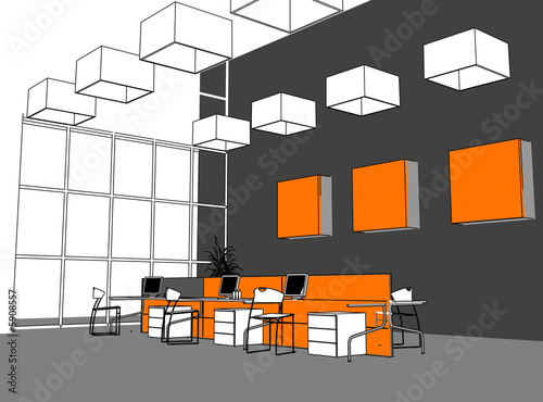 the modern office interior (cartoon style rendering) photo