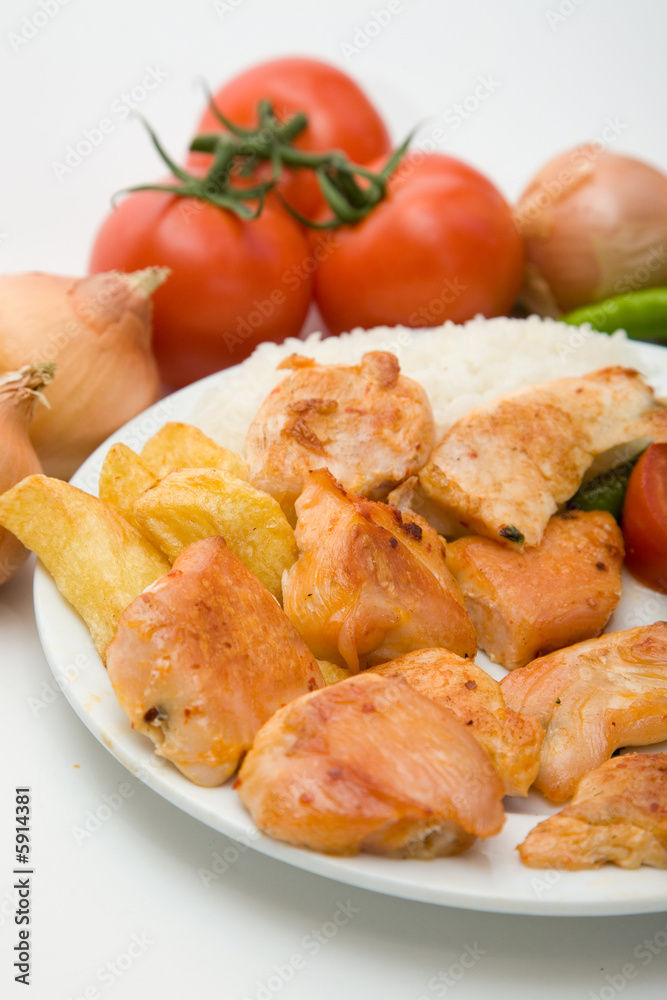 turkish style chicken fillet kebab with rice and salads turkish style chicken fillet kebab with rice and salads