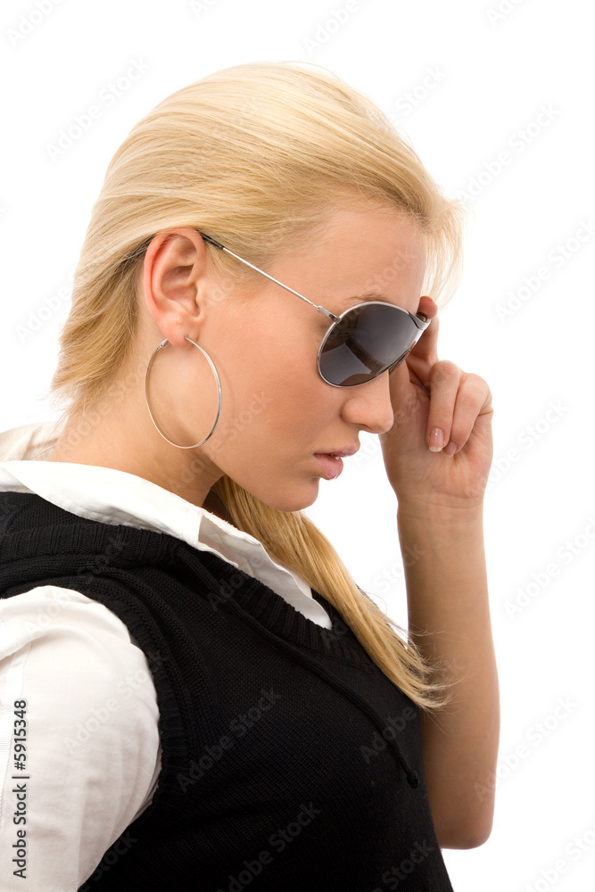 beautiful girl portrait with sunglasses on white background