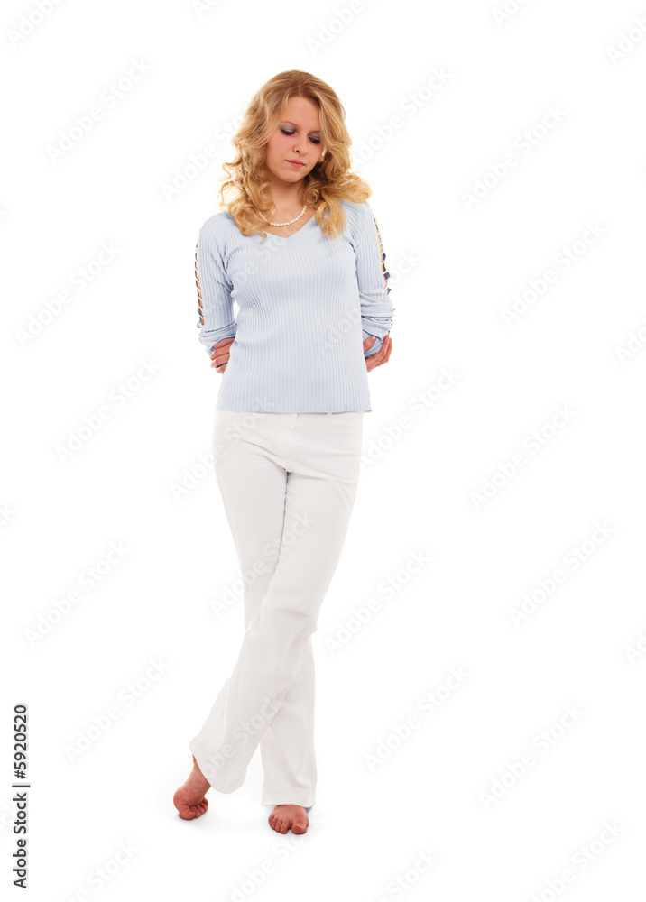 sad beauty blonde barefoot isolated on white background sad beauty blonde barefoot isolated on white background