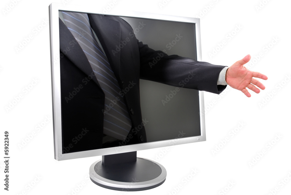 Nice to meet you - Businessman hand leaving the monitor. Nice to meet you - Businessman hand leaving the monitor.