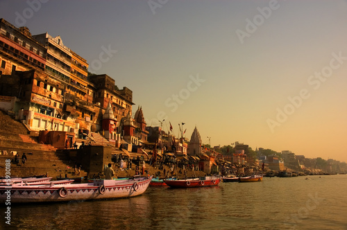 Ghats in ancient city of Varanasi, India photo