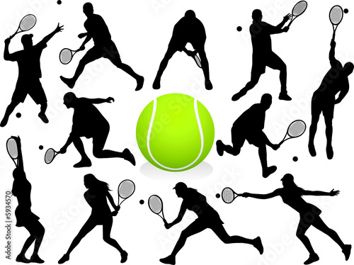 Vector Tennis Players Silhouettes Collection - tennis club set, mens and womans sport players, green ball illustration #5934570