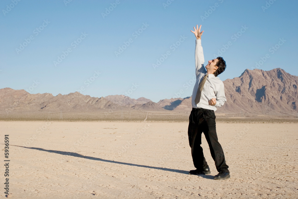 Happy businessman in the desert Happy businessman in the desert